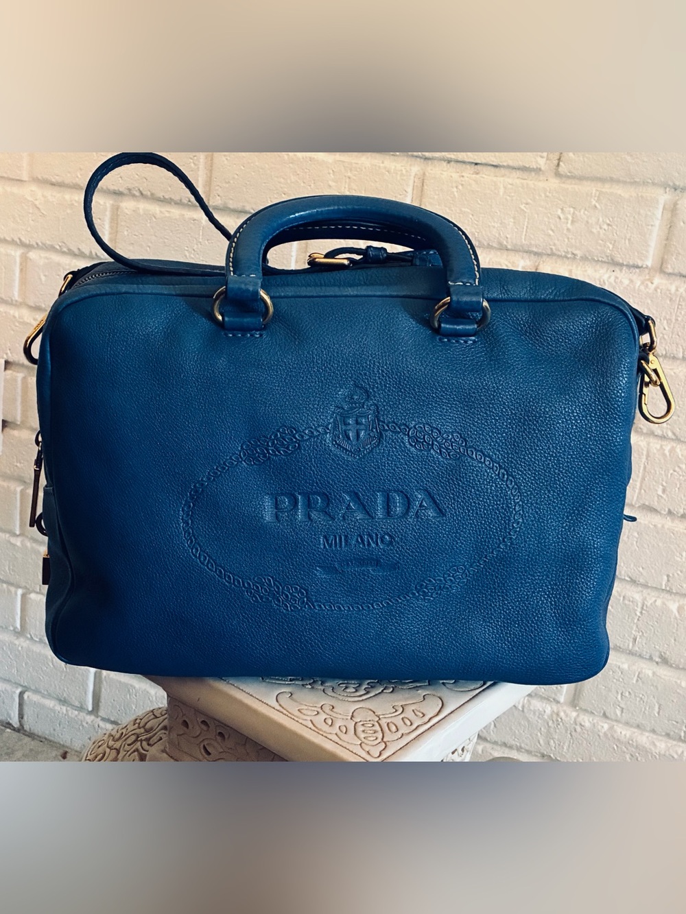 PRADA Vitello Daino Bauletto Satchel Crossbody Bag Blue Very Chic EUC